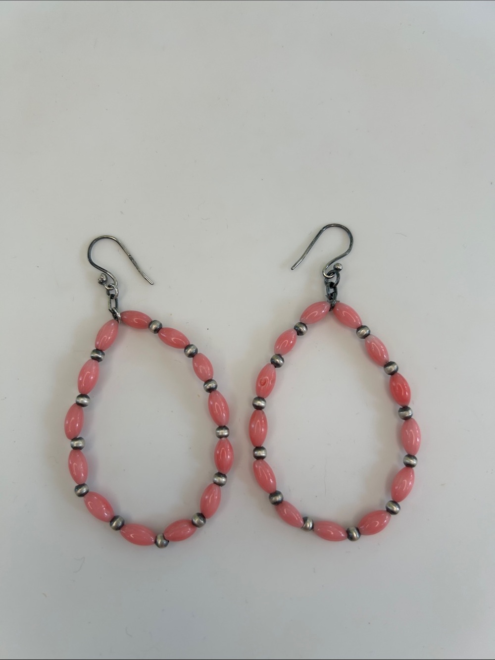Sterling Silver Pink Coral Bead Teardrop Open Hoop Dangle Earrings | Boho